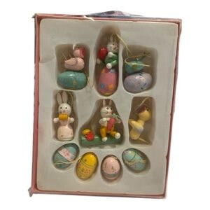 Pre-loved Vintage Inspired Hand-Painted Wooden Easter Miniature Ornaments 10 pcs